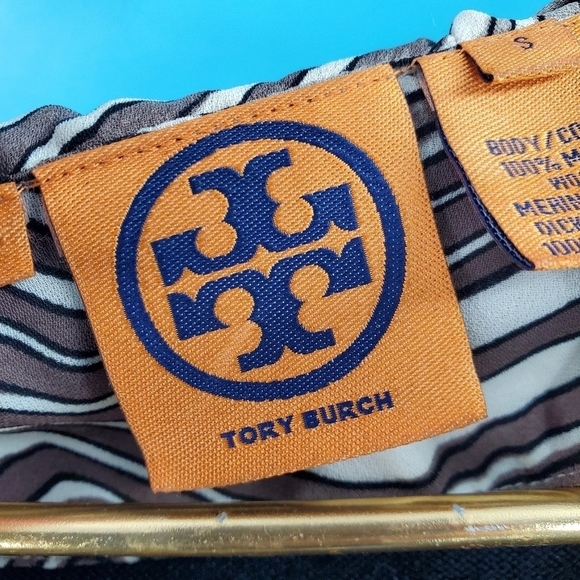 Tory Burch black wool sweater tan striped silk trim *flaw* - Picture 4 of 16